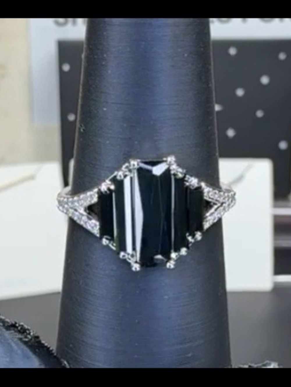 Black Onyx Cubic Zirconia Rhodium Plating Ring Size 9  with Pave Accent